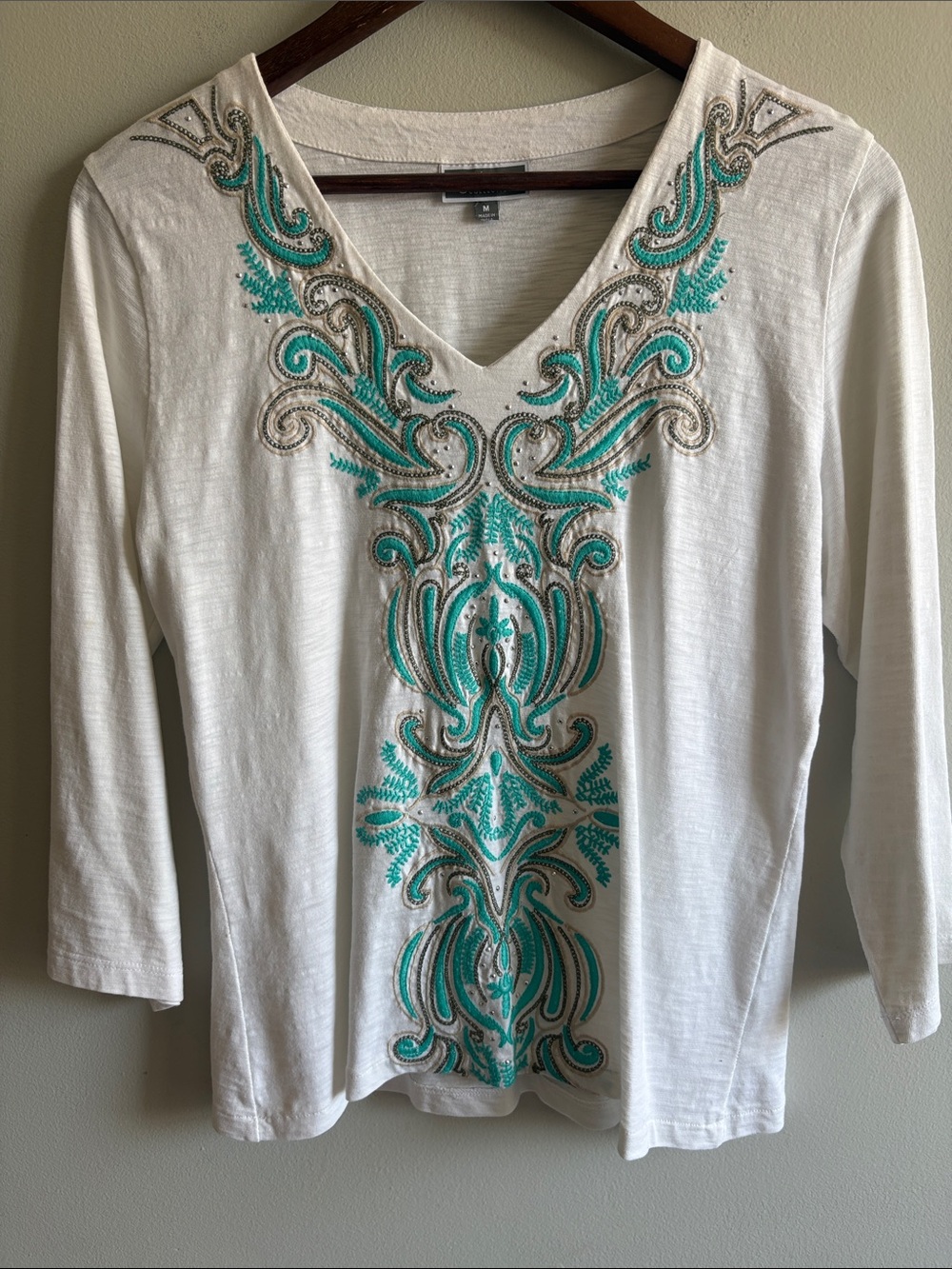 JM Collection Embroidered Beaded V-Neck Tunic Top White Aqua Medium